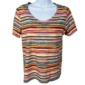 Rafaella Top Size L Large Slit on Short Sleeves Multi Color Stripes Buttons